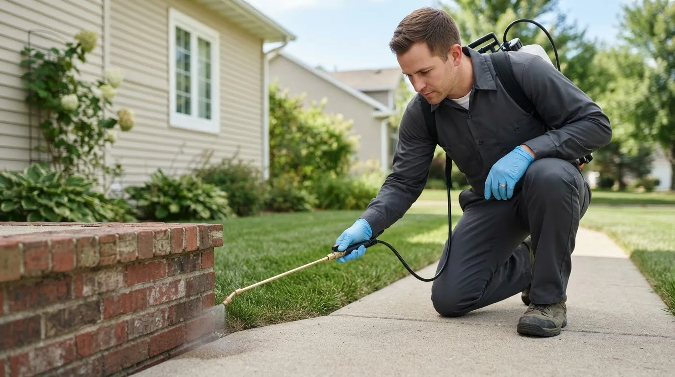 Pest control technician treating a home near Linwood, MI