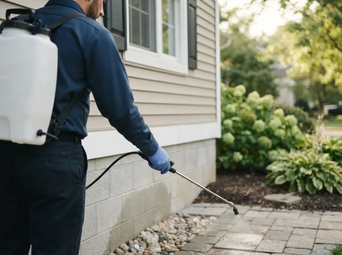 Pest control technician inspecting a home in Linwood, MI
